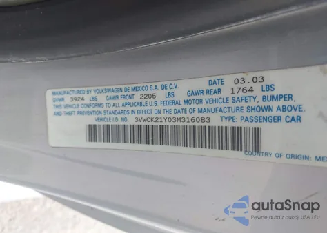 2003 Volkswagen New Beetle Gls from USA, damaged, VIN 3VWCK21Y03M316083